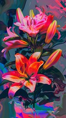 Glitch lilies, vibrant pop art palette, cybernetic enhancements, 2D illusion.