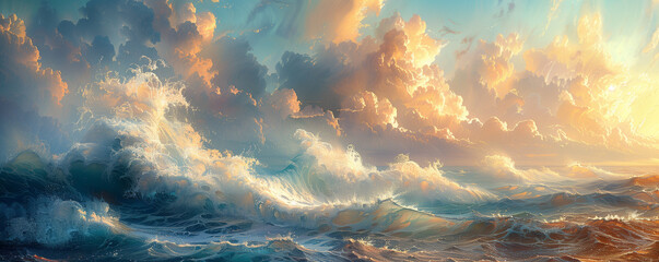 Header. Dramatic seascape capturing the power and beauty of crashing waves against rugged coastal...