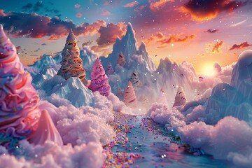 Ice cream mountains with sprinkles snow, sunset, wide angle, frosty fantasy land
