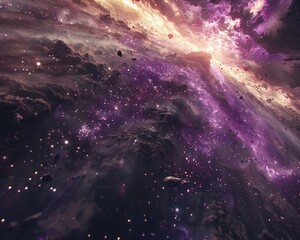 Fototapeta premium Journey through the dense interstellar medium, twinkling stars, first-person, mysterious voyage