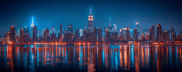 Header. Iconic landmark photograph of a famous city skyline illuminated by city lights at night,...