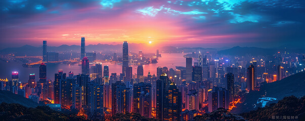 Header. Iconic landmark photograph of a famous city skyline illuminated by city lights at night,...