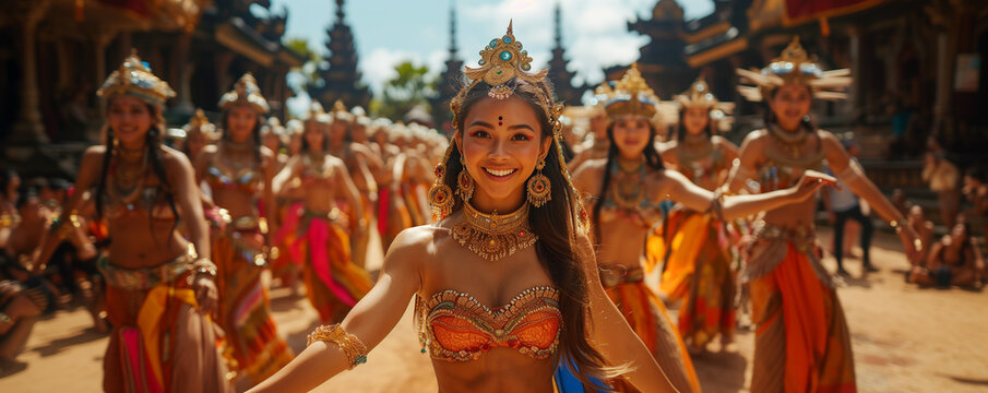 Header. Cultural immersion experience captured in an image of traditional dancers performing in vibrant costumes against a backdrop of historic architecture and ornate temples. Website, design
