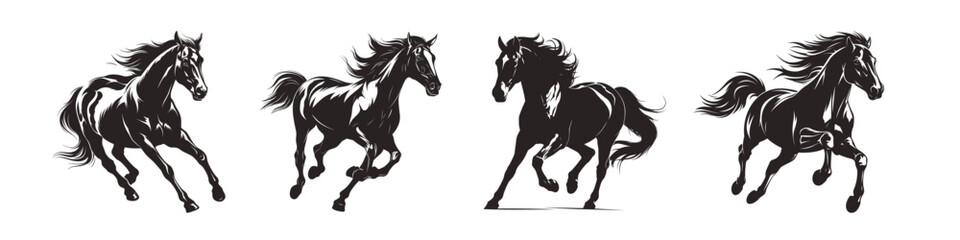 set silhouette of black running horse vector illustration isolated on white background