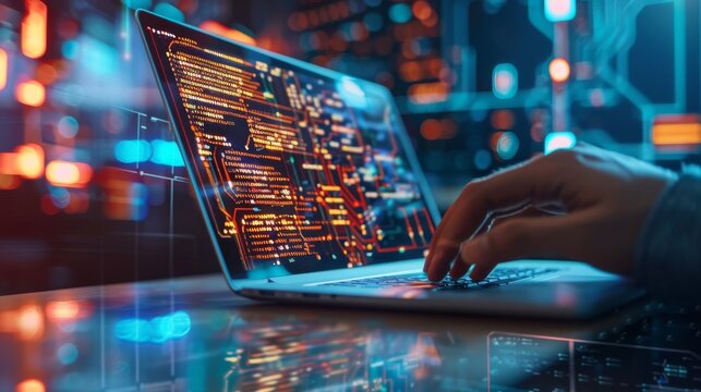 Coding programmer, software engineer on laptop with circuit board and javascript on virtual screen, internet of things concept.