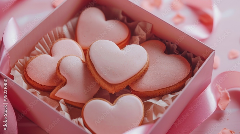 Aufkleber box filled with heart shaped cookies on a table. suitable for bakery or valentine's day concepts