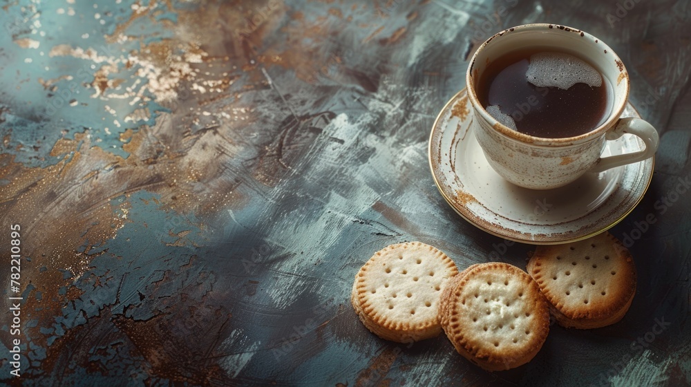Poster a cup of coffee and crackers on a table. suitable for food and beverage concepts