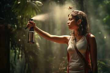 Beautiful young woman spraying mosquito repellent outdoors. Protection against diseases carried by blood-sucking insects.