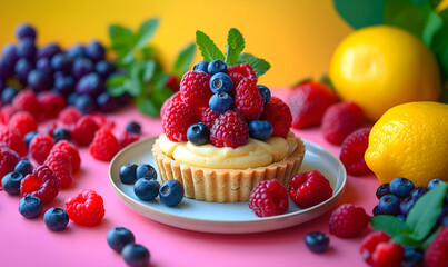 Creative food template. Blueberry raspberry lemon curd cream fruit tart tartlet pastry dessert on...