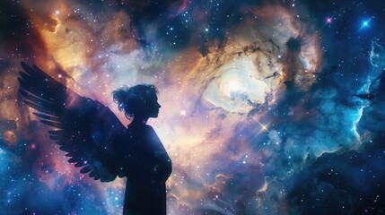 A man with wings standing in front of a galaxy, perfect for fantasy themed designs