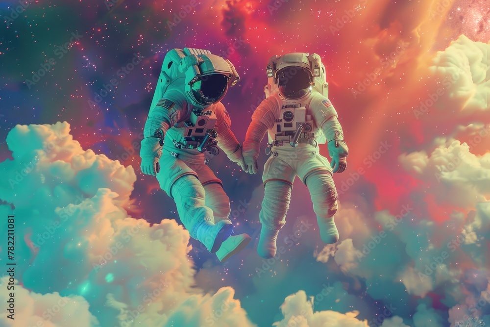Poster a couple of astronauts floating in the sky. suitable for science fiction concepts