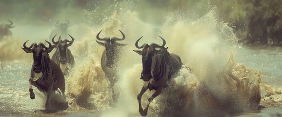 Naklejka premium A group of wildebeest run through the river in their typical way, splashing water and creating big waves on its path