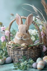 Cute rabbit surrounded by spring flowers and colorful eggs. Perfect for Easter holiday designs