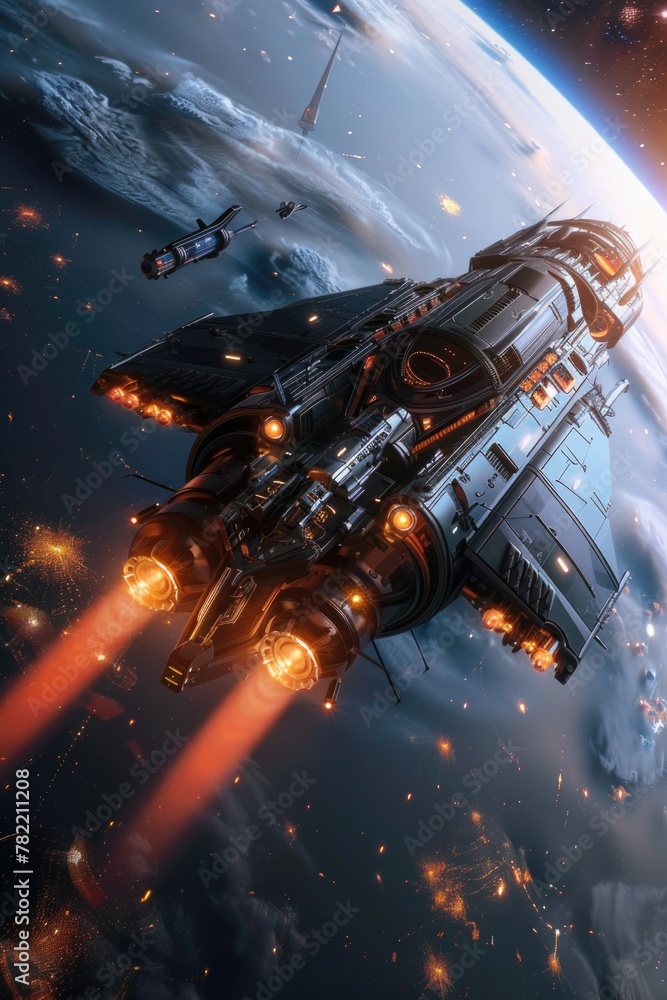 Poster a futuristic space ship flying through the air near a planet. suitable for science fiction or space 