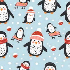 cute penguin pattern with a light blue background