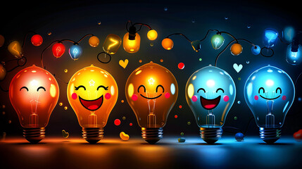 A row of light bulbs with smiley faces on them. The light bulbs are lit up and there are colorful sparkles around them.