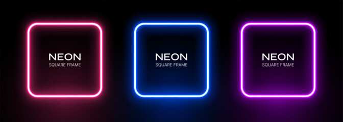 Neon square frame. Light box border. Led glow on a black background. Electric gradient banner template. Set of vector laser fluorescent elements.