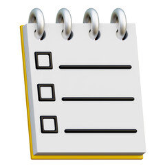 Notebook. Notebook for important cases with a list of tasks. List of products and completed tasks. 3D render illustration in cartoon style. Transparent background, isolation.