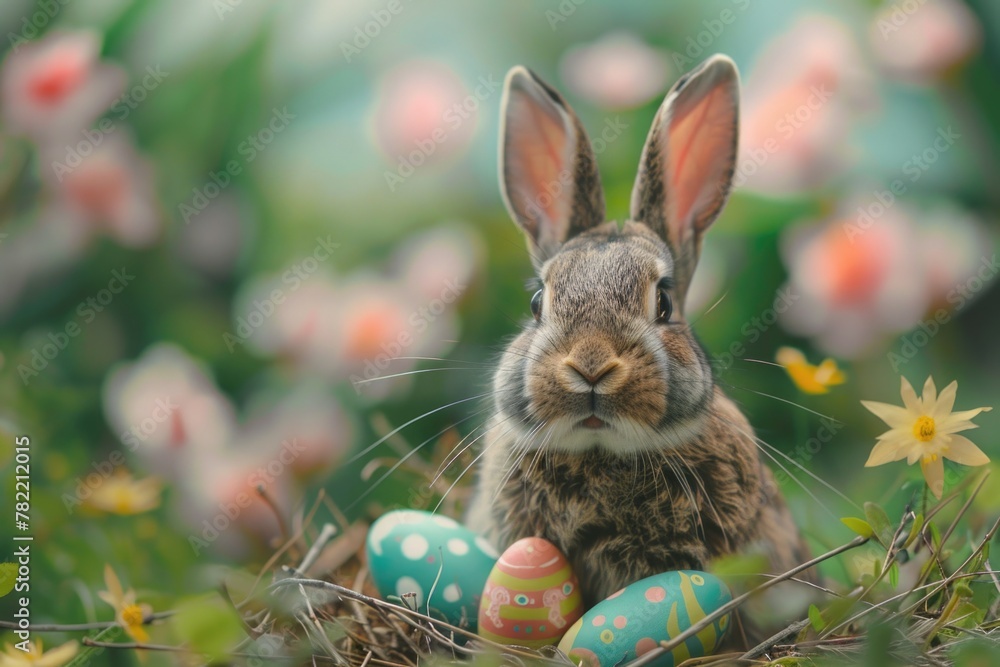 Poster a rabbit sitting in a nest with colorful easter eggs. perfect for easter holiday designs