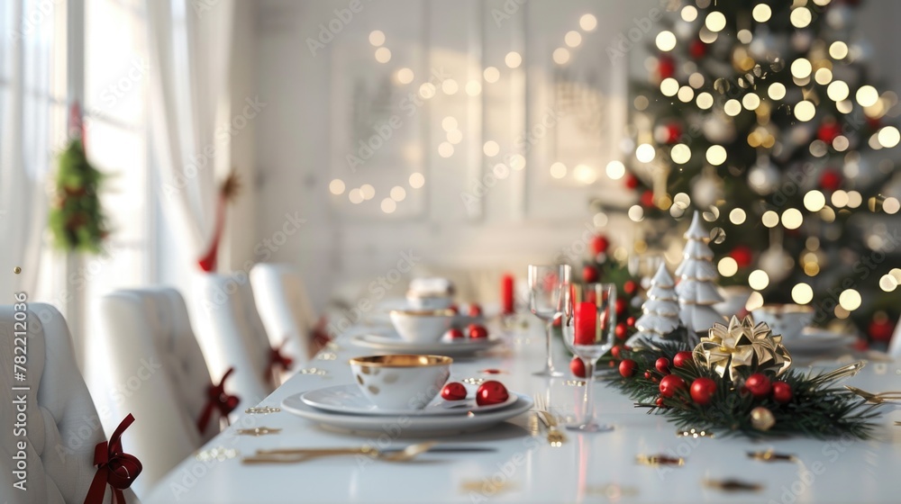 Poster a dining room table with a christmas tree in the background. perfect for holiday and festive concept