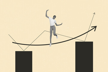 Photo collage composite trend sketch image of young happy lady keep balance on huge arrow like rope...