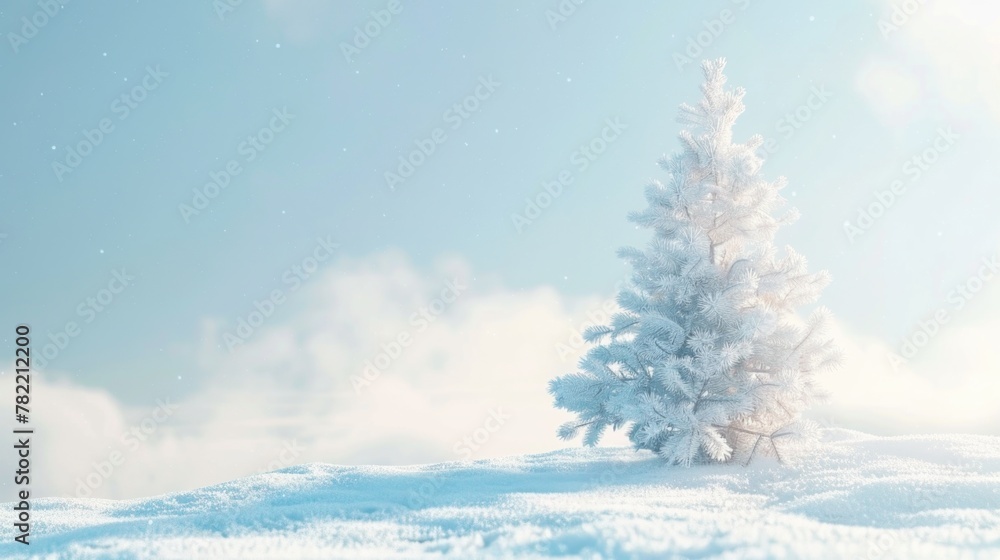 Poster a snow-covered tree in the middle of a snowy field. perfect for winter-themed designs