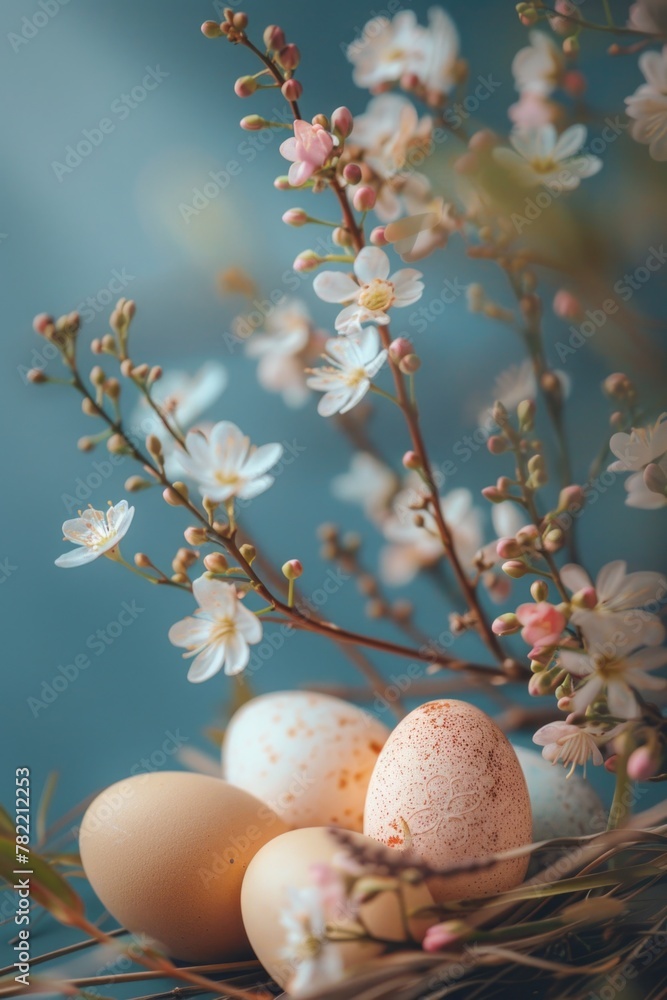 Poster three eggs in a nest surrounded by white flowers. suitable for easter or spring-themed designs