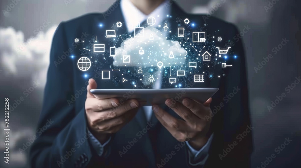 Poster digital technology, business intelligence, cloud computing, digital marketing, data processing, and 