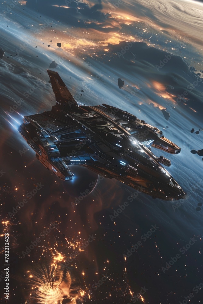 Poster a futuristic space ship flying over a planet at night. suitable for science fiction or space explora