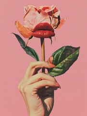 Female hand hold flower with lips with red lipstick against pink background. Concept of...