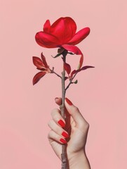 Female hand hold flower with lips with red lipstick against pink background. Concept of...