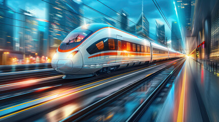 Fototapeta premium Train Traveling Through City at Night