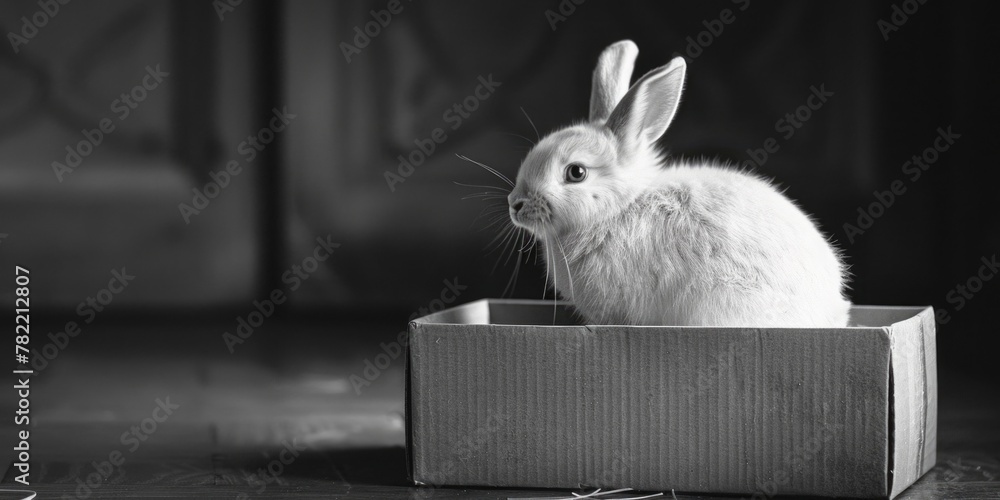 Poster a white rabbit sitting in a box, suitable for various concepts and designs