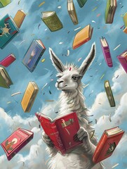 Fototapeta premium A llama librarian, reading a book, with floating, colorful book covers around