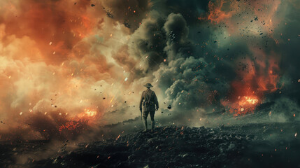Man Standing on Top of Hill Surrounded by Smoke - obrazy, fototapety, plakaty
