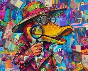 A platypus detective, with magnifying glass, amidst a mystery of colorful clues