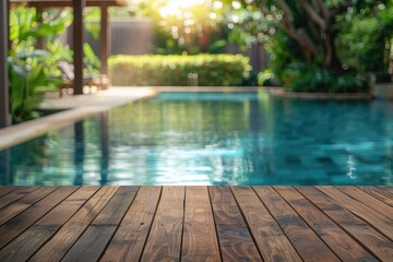Wooden deck next to a swimming pool. Great for outdoor lifestyle concepts