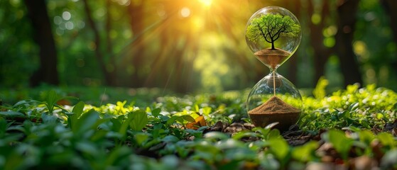 Save our planet and forests, restore and protect Green Nature, global warming and climate change theme. Live and dry tree in Hourglass in garden. - obrazy, fototapety, plakaty