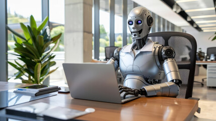 Fototapeta premium Robot Sitting at Desk Using Laptop