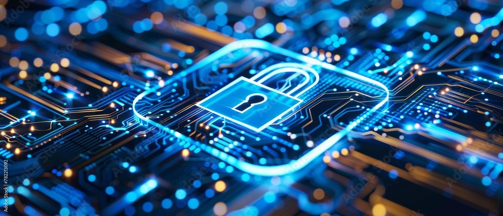 Poster cyber security concept, lock icon and internet network security technology. screen lock and encrypti