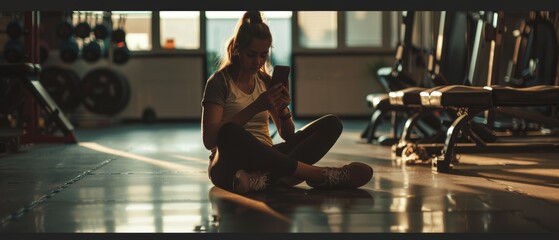 Fototapeta na wymiar Sporty girl sitting on gym floor using a mobile phone.