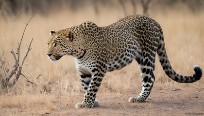 A-Leopard-With-Its-Tail-Held-Low-A-Sign-Of-Concen- - obrazy, fototapety, plakaty