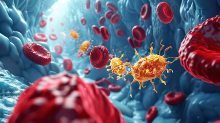 Group of Red and Yellow Blood Cells in the Circulatory System - obrazy, fototapety, plakaty