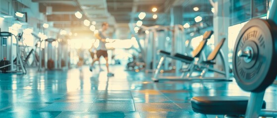 Stunning abstract background showing exercise equipment in a modern fitness center. People in a work out room blurry in retro-style tones. Fitness center with equipment in vintage retro style.