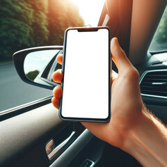 hand sticking out of car window with smartphone white screen mockup