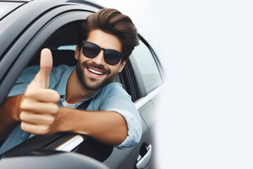 hand sticking out of the car window showing thumbs up isolated on a white background - obrazy, fototapety, plakaty
