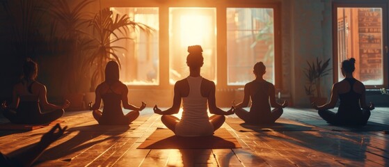 An image of people meditating in seated pose and doing lotus seal gestures at a studio for fitness, yoga, and healthy lifestyle concepts - obrazy, fototapety, plakaty