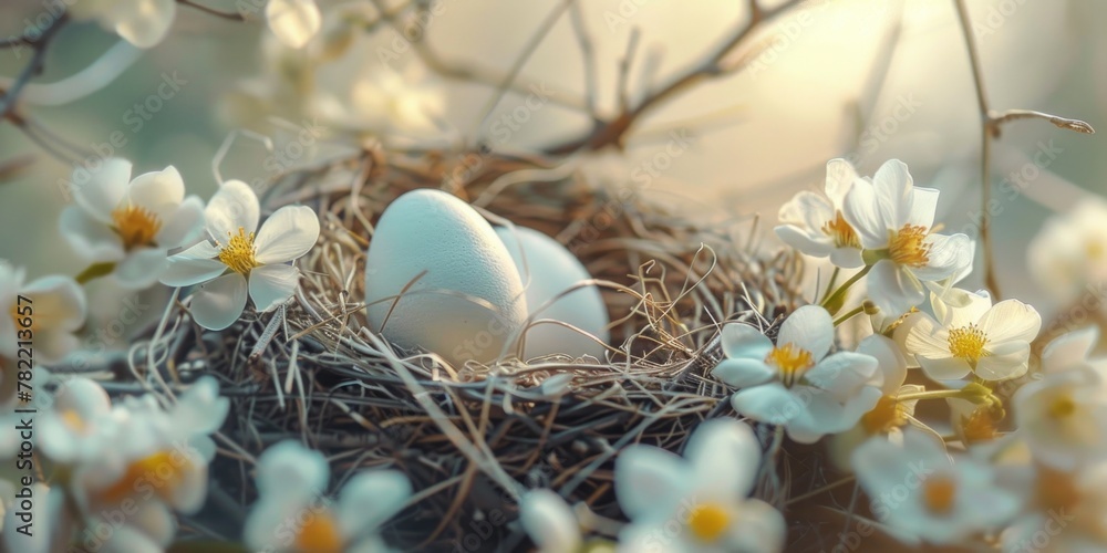 Poster white egg in nest on top of tree. suitable for nature themes
