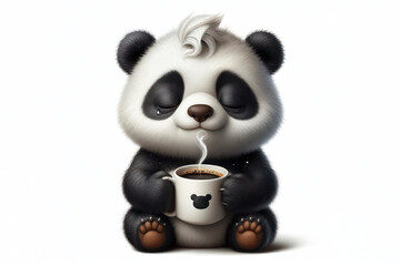 sleepy panda holding cup of coffee isolated on solid white background