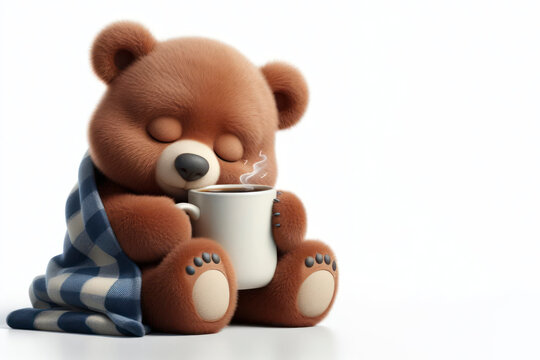 sleepy bear holding cup of coffee isolated on solid white background